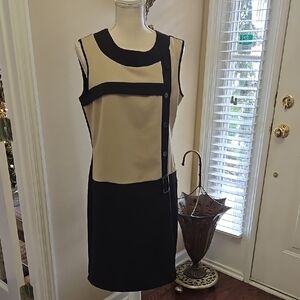 Black and Cream Color-Blocked Sleeveless Midi Dress Drop Waist Belt Size 10 EUC